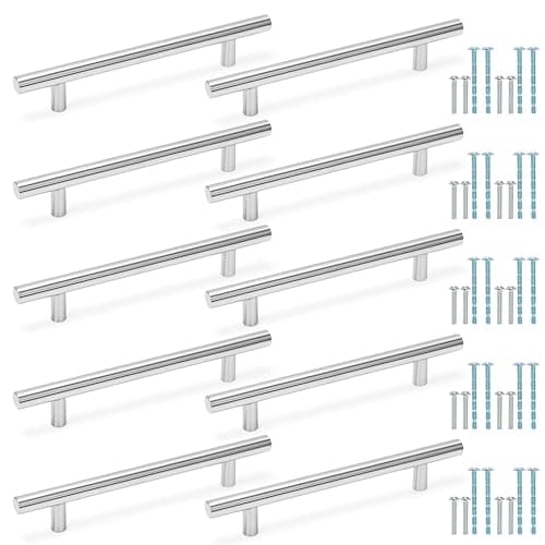Image of BELLE VOUS Stainless Steel Cabinet Handles (10 Pack) - 128mm Hole Centre, 190mm Length - Silver T-Bar Pull Knobs for Kitchen Drawer or Cupboard Door