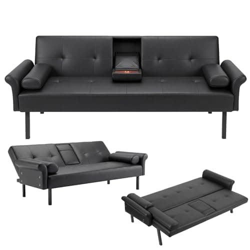 Image of Panana Click Clack Sofa Bed 3 Seater Sofa Couch Living Room/Spare Room/Guest Room Bed Settee with Cup Holders, Black Faux Leather