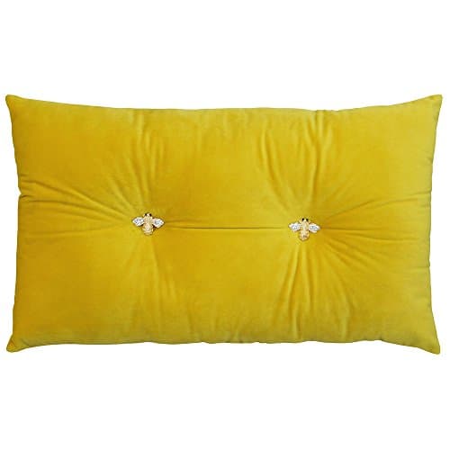 Image of Bumble Rectangular Bee Scatter Cushion - Yellow - Faux Velvet Look and Feel - Jewelled Metal Bee Buttons - Polyfilled - 100% Polyester - 30 x 50cm (12" x 20" inches) - Made by Riva Paoletti