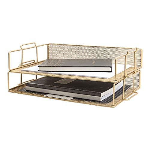 Image of Blu Monaco Gold Stackable Letter Tray Set of 2 - Metal Wire Two Tier Inbox Tray for Desk