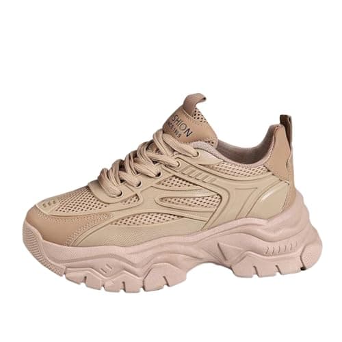 Image of Womens White Trainers Green Trainers Women Fashion Breathable Mesh Patch Lace Up Thick Sole Casual Sports Shoes Sports Sneaker