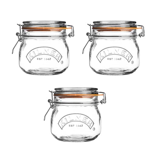 Image of Kilner Set of 3 Round Clip Top Jars 0.5 Litre (3 x 500ml) Airtight Glass Storage Jars for Preserving Jams Dry Foods Reusable