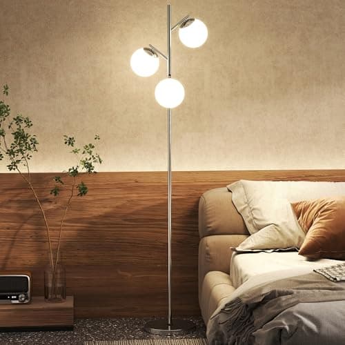Image of HOMCOM 3-Light Tree Floor Lamps for Living Room, Modern Standing Lamp for Bedroom with Globe Lampshade, Steel Base, Bulb not Included, Silver Tone
