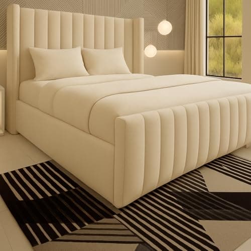 Image of Luxury Chesterfield Winged Panel Bed Frame |- Double King Superking Sizes - Optional Gas Lift & Mattress - UK Made (Cream Plush, Double 4ft6 Bed Frame)