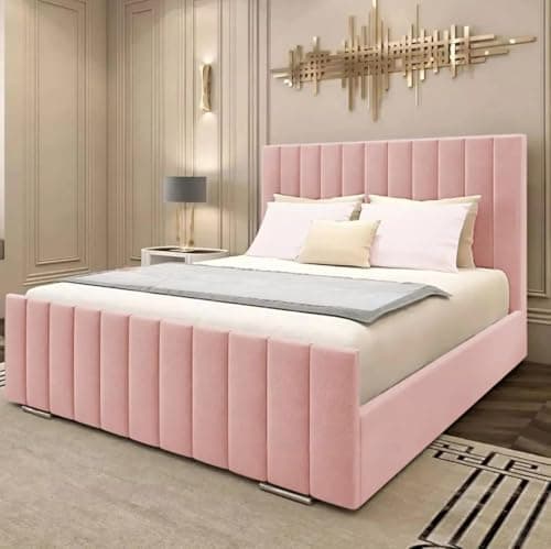 Image of AL SULTAN 3FT Single Luxury Upholstered BedFrame Only With 48" Headboard In Plush Velvet Pink Bed Wooden Slats - No Mattress - No Storage (Pink Plush, 3FT Single Bed Frame Only)