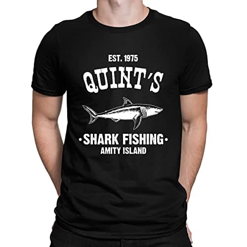 Image of Mens Quints Fishing Shark Jaws Inspired Amity Cult Movie T-Shirt Black (L)