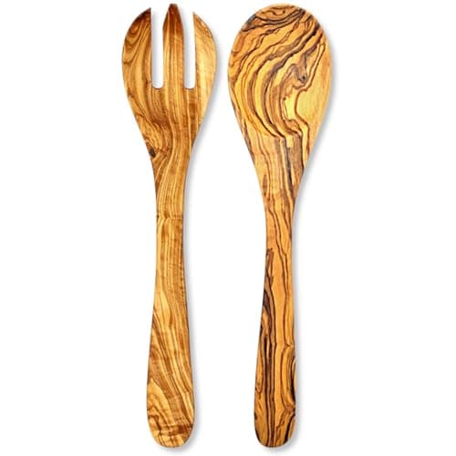 Image of Stilux® Salad Servers Made of Olive Wood 30 cm | 2-Piece Wooden Serving Cutlery Set Salad Fork & Salad Spoon Practical Kitchen Aid Serving Spoon Wooden Cutlery Spoon and Fork Hygienic and Durable