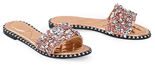 Image of shelikes Womens Slip On Ladies Flat Diamante Sliders Slip On Summer Sandals Mules Size Rose Gold