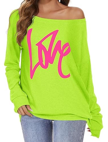 Image of florynova Womens Off The Shoulder Sweatshirts Long Sleeve Tops Pullover Sweater Casual Loose Blouse Fall Fashion (A Lime Green, XL)