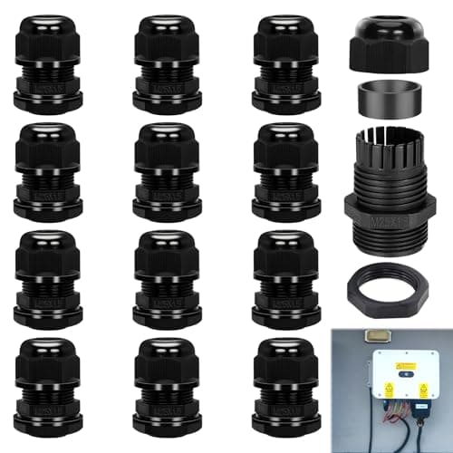 Image of 12 PCS M25 Waterproof Cable Gland Connectors, Cable Glands 25mm Set, IP68 Nylon Cable-Glands for 8mm-16mm Cables, Black Threaded Wire Connector Kit with Locknuts for Outdoor Electrical Use