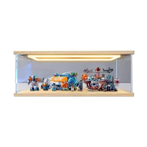 Image of HCAEIOFJ Clear Acrylic Display Case for Lego City 60379 Applicable for Deep-Sea Explorer Submarine Display Box Gift(Display Case Only) (Wood Bottom+Top Light)