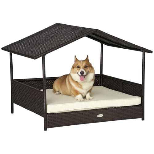 Image of PawHut Wicker Dog Bed, Elevated Rattan Dog House with Removable Cushion and Canopy, for Small and Medium Dogs, 98 x 69 x 70cm - Cream