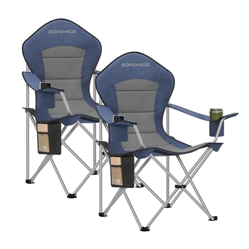 Image of SONGMICS Set of 2 Camping Chairs, Folding Outdoor Chairs with Wide Seat and High Back, Portable Garden Picnic Chairs with Cup Holder, Phone Holder and Side Pocket, Blue and Grey GCB005QE01-2J