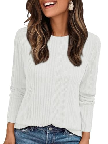 Image of Suncife Women Derssy Casual Long Sleeve Ribbed Tshirts Tops Business Crewneck Loose Fit Rib Tunic (White,M)