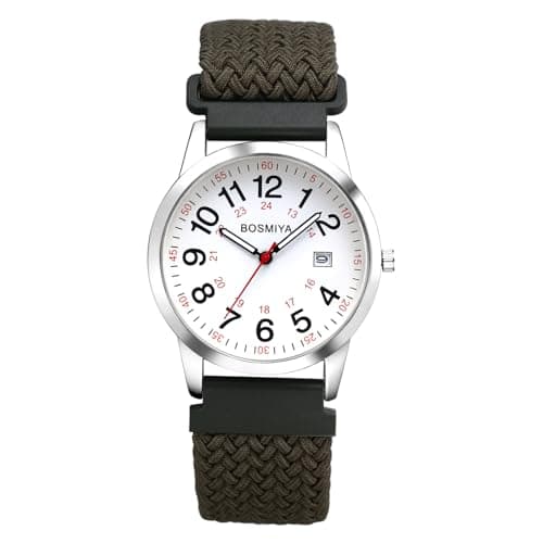 Image of JewelryWe Unisex Braided Elastic Watch: 24-Hour Format Easy-to-Read Calendar Dial Quartz Wristwatch Gray-Green Strap with Silver Case