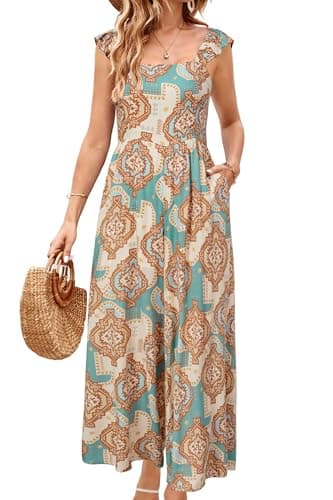 Image of LAISHEN Jumpsuits Women Ruffle Sleevelesss Playsuits Square Neck Smocked Wide Leg Overalls with Pockets (Floral-C,M)