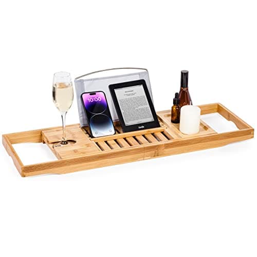 Image of Woodluv Extendable Bath Tray, Bathtub Caddy Tray with Wine Glass, Candle, Book Holder, iPad & Phone Holders, Bathroom Accessories