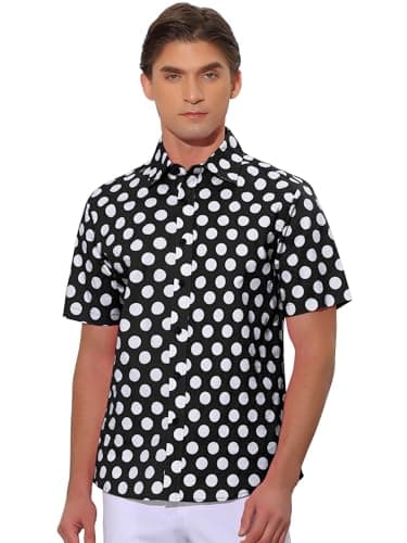 Image of Lars Amadeus Polka Dots Pattern Shirt for Men's Point Collar Short Sleeves Printed Dress Shirts Black XL