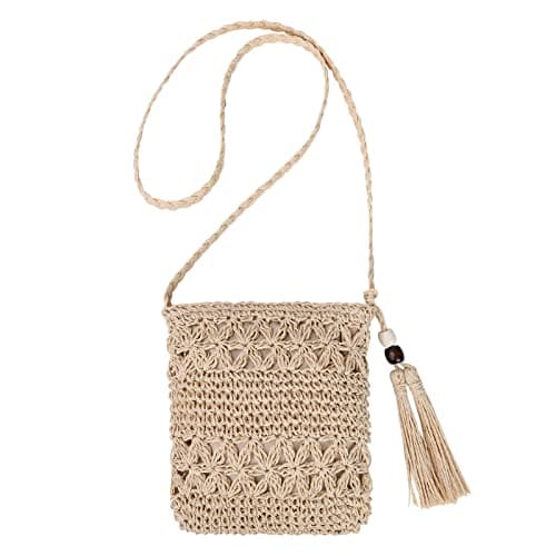 Image of Aucuu Straw Bag for Women, Summer Beach Straw Purse with Tassel, Weave Handmade Single Crossbody Bag with Zipper, Bohemian Shoulder Purse for Summer Beach Travel