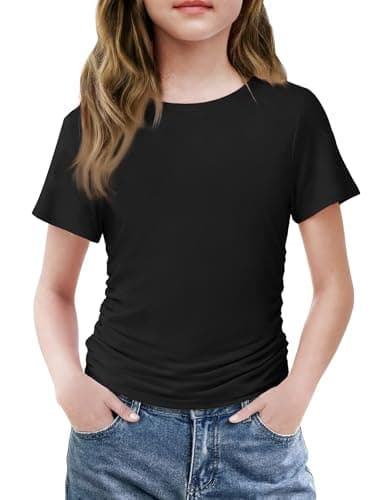 Image of Arshiner Girls T-Shirt Kids Black Short Sleeve Tee Round Neck Solid Color Fitted Basic Shirts Stretch Children Summer Sport Casual School Holiday Basic Top 11-12 Years