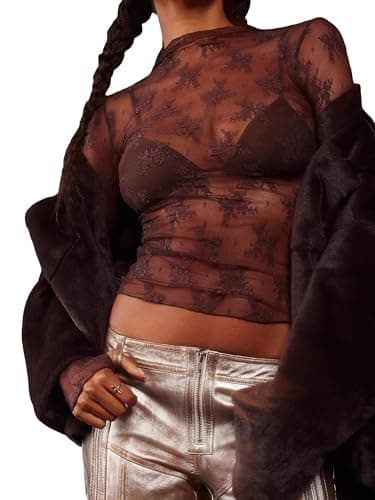 Image of Springcmy Women Sexy Mock Turtle Neck Long Sleeve Sheer Mesh Lace Floral See Through Swiss Dots Going Out Layering Slim Fit Tops Streetwear (B-Brown, M)