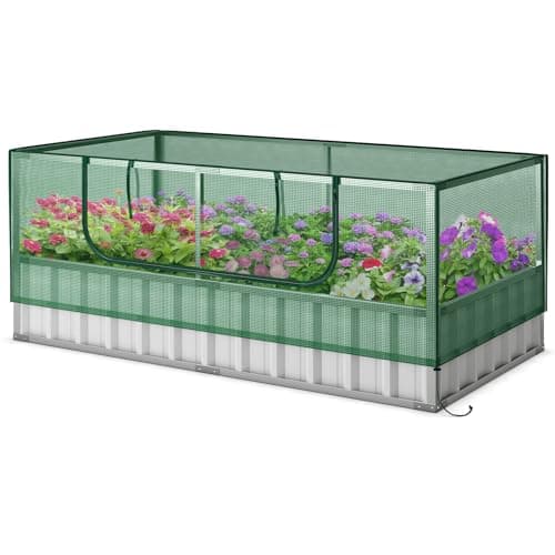 Image of TANGZON Raised Garden Bed with Greenhouse, Galvanized Steel Planter Box Kit with Cover, Roll-Up Door, 8PCS T Tags & A Pair of Gloves, Outdoor Rectangular Vegetable Flower Herb Planter, 174 x 90 x 71cm