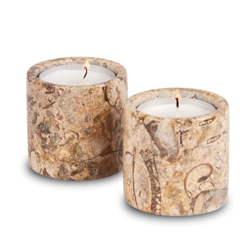 Image of Set of 2 Fossilstone Marble Tea Light Holders – 2" Cylinder Design for Home Décor, Gifts & Table Settings