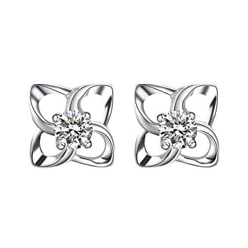 Image of Women Earrings Studs, 18K White Gold Earrings For Women 0.05ct/0.1ct Diamond Flower Round Brilliant Earrings White Gold