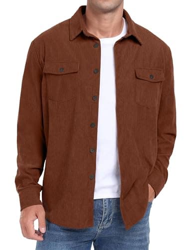 Image of QIXING Men's Corduroy Button Down Shirts Long Sleeve Shacket Trucker Jacket Autumn Winter Coats with Flap Pockets (Brown, L)