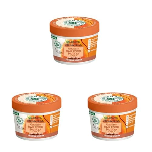 Image of Garnier Hair Food 3-in-1 Hair Treatment Mask, Intensely Nourishes and Repairs Hair, For Damaged Hair, No Silicones, Vegan Formula, Papaya, Ultimate Blends, 400ml (Pack of 3)