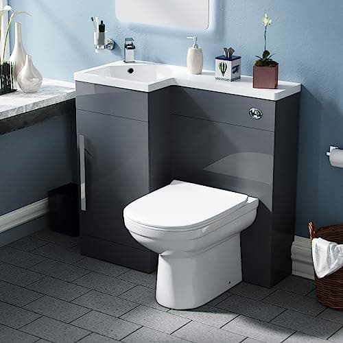 Image of Nes Home Debra Flat Packed Compact 900mm Grey L-Shape Left Hand Vanity Unit and Toilet Bathroom