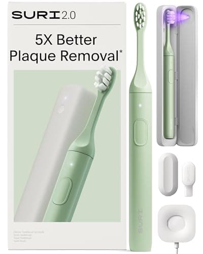 Image of SURI 2.0 Sonic Electric Toothbrush with Pressure Sensor & UV-Cleaning Travel Case | 40+Day Battery | Designed in London | Electric Toothbrush for Adults | Travel Toothbrushes | Tooth Brush | Green
