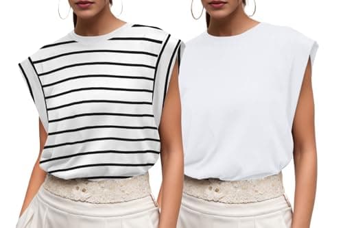 Image of GRECERELLE Womens Cotton T-Shirt Crewneck Cap Sleeves Ladies Casual Tops Summer T Shirt Aesthetic Streetwear, 2 Pack (White Stripe+WH 2PC, M)