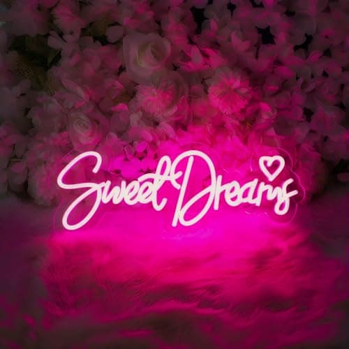 Image of Sweet Dreams Neon Sign Pink Letter LED Neon Lights for Bedroom Wall Decor Words USB Powered Light Up Sign for Furniture shop Room Decor Wall Hanging Decoration Gift for Daughter Girls(17.7in*6.6in)