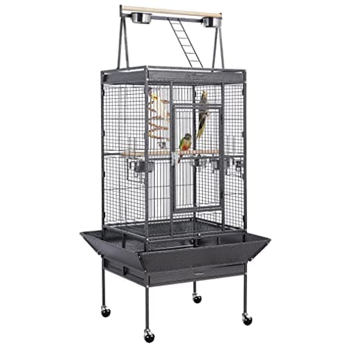 Image of Yaheetech 174cm Bird Cage Metal Large Parrot Cage Play Top Budgie Cage for Canary Bird Aviary Cockatiel with Perch/Seed Guard/Stand and Wheels, Black