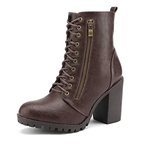 Image of DREAM PAIRS Women’s Chunky High Heel Leather Ankle Booties Lace Up Side Zipper Ankle Boots for Women, Silverado,Size 6,Brown,Silverado