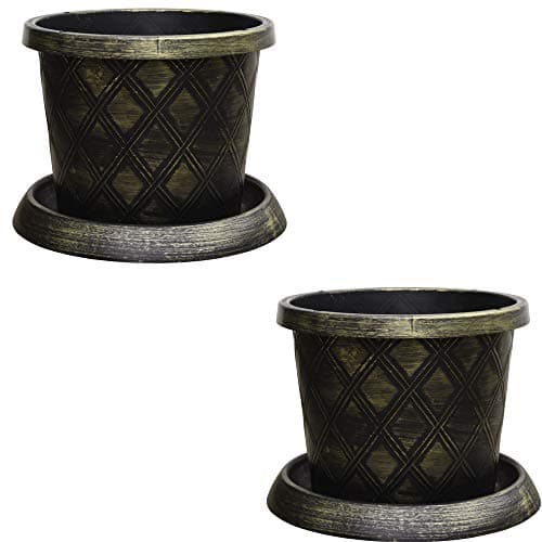 Image of Stylish Garden Large Patio Pot & Saucer Stunning black and gold lattice effect Ideal for planting flower plugs shrub and vegetables 2 x 39cm Pots and Saucers by Thompson and Morgan