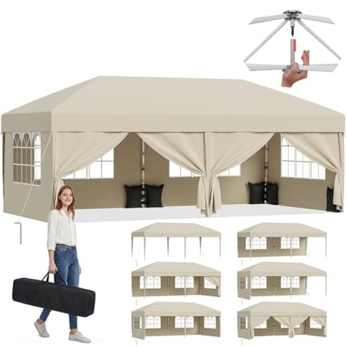 Image of JUMMICO 3x6m Pop Up Gazebo with Sides, Heavy Duty Waterproof Gazebo Marquee, UV50+ Garden Gazebo, 4 Removable Walls & Adjustable Height Folding Tent for Garden Party Camping - Beige