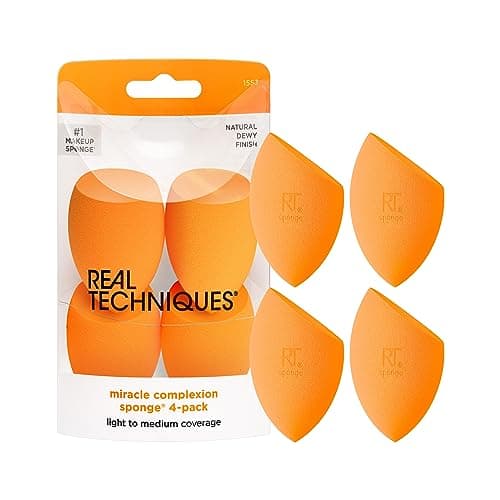 Image of Real Techniques Miracle Complexion Sponge for Liquid & Cream Makeup, 3-Point Design for Seamless Application, Streak-Free Natural Dewy Finish, Latex-Free, Cruelty-Free, Vegan, Easy to Clean, Pack of 4