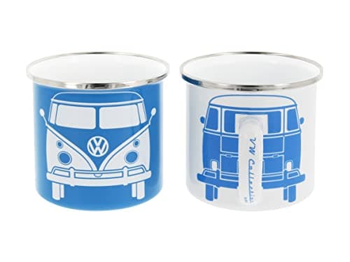 Image of BRISA VW Collection - Volkswagen 2-Piece Enamel Coffee-Tea Mug Cup Set for Camping & Outdoor T1 Bus (White/Blue)