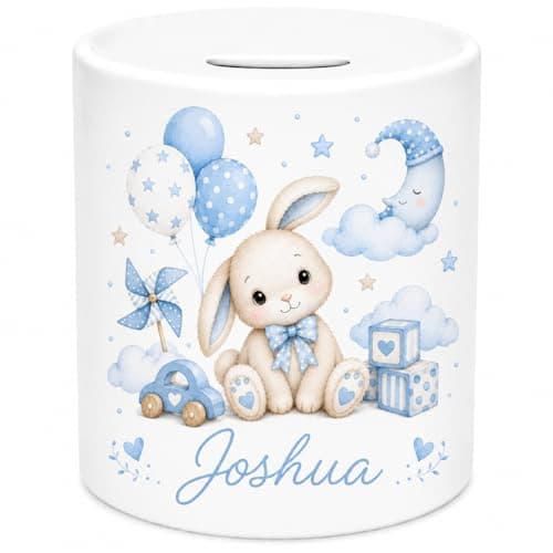 Image of Personalised Bunny Ceramic Money Box – Custom Baby Boy Coin Bank with Any Name – Cute Blue Rabbit Piggy Bank for Boys, Babies & Toddlers – Nursery Savings Pot Keepsake Gift