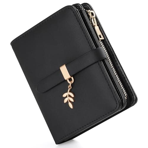 Image of RRANCharltu Purses for Women, Ladies Purse PU Leather for Women Wallet RFID Blocking Card Holder with Leaf Pendant Clasp with Double Pocket Zip Coin Purse ID Window and Multiple Slots Wallet,Black