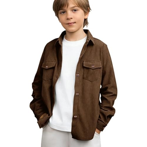Image of Momolaa 13-14 Years Kids Corduroy Long Sleeve Shirt Jacket Shacket with Front Pockets Plain Button up Jacket Lightweight Spring Fall Casual Coat Cardigan for Girls Boys Brown