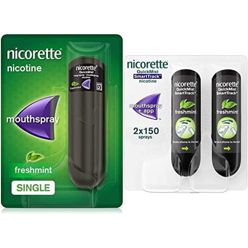 Image of Nicorette QuickMist Spray Mouthspray Nicotine Freshmint- Single- 150 Sprays, 1 mg (Stop Smoking Aid) & QuickMist SmartTrack 1 mg/Spray Mouthspray Nicotine Freshmint