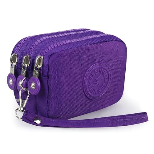 Image of HYJMA Women's Coin Purse with 3 Zippered Compartments - Mini Wallet for Cash, Credit Cards, ID, Jewelry, Keys - Secure Zipper Closure, Compact Travel Pouch (Bright Purple)