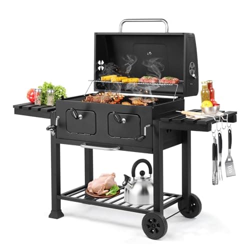 Image of Outopee Large Charcoal BBQ Grill, Portable 2 in 1 Barbecue with Spacious Cooking Area, Foldable Side Tables & Wheels, Outdoor Garden Barbecue Smoker for Camping Backyard Patio Party Picnic