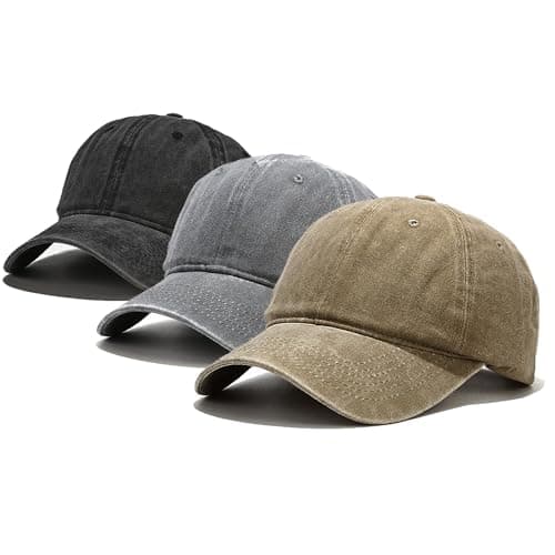 Image of Umeepar 3 Pack Baseball Cap Vintage Distressed Low Profile Unstructured Plain Cotton Dad Hat Adjustable for Women Men (Black, Light Grey, Khaki)