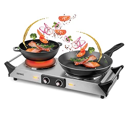 Image of Duronic Hot Plate HP2 SS, Stainless Steel Table Top Cooking, 2500W Black Steel Electric Double Hob with Handles, 2 Cast Iron Portable Hob Burner Rings (1500W & 1000W) for Home Kitchen, Pots, Camping