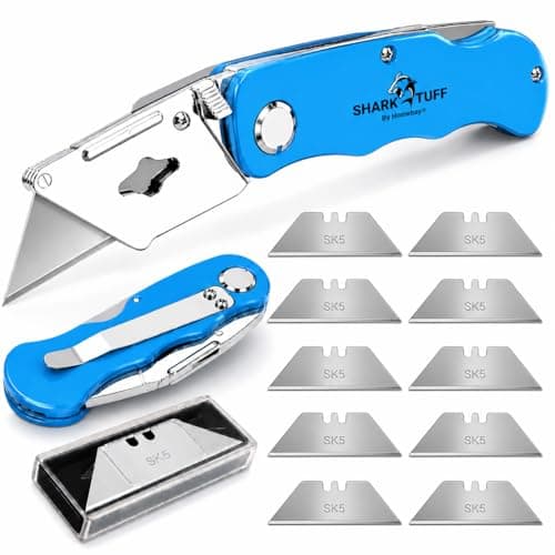 Image of Shark-Tuff® Heavy Duty Folding Utility Knife with 10 Spare SK5 Blades | All Metal Sharp Craft Tradesman Camping Pocket Knife Cardboard Box Cutter with Belt Clip & Safety Lock UK Legal