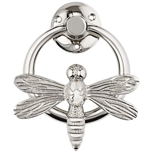 Image of Silver Dragonfly Door Knocker for Front Door | Polished Solid Brass Silver/Chrome Knockers with Strike Plate | UPVC | Dragonfly Front Door Furniture with a Unique Design